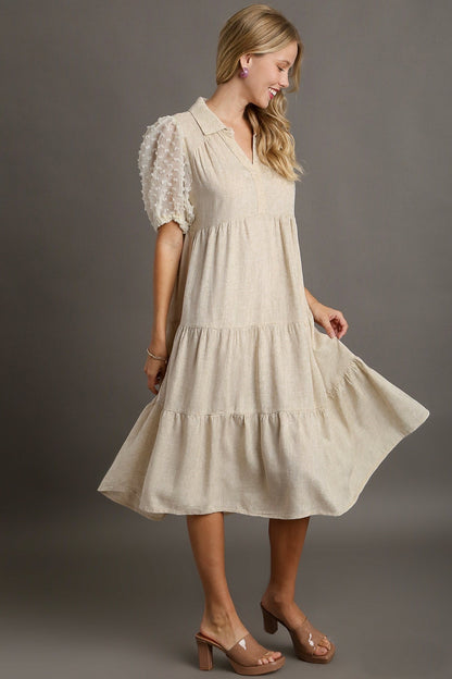 Umgee Solid Color Linen Blend Midi Dress with Floral Applique Details in Oatmeal