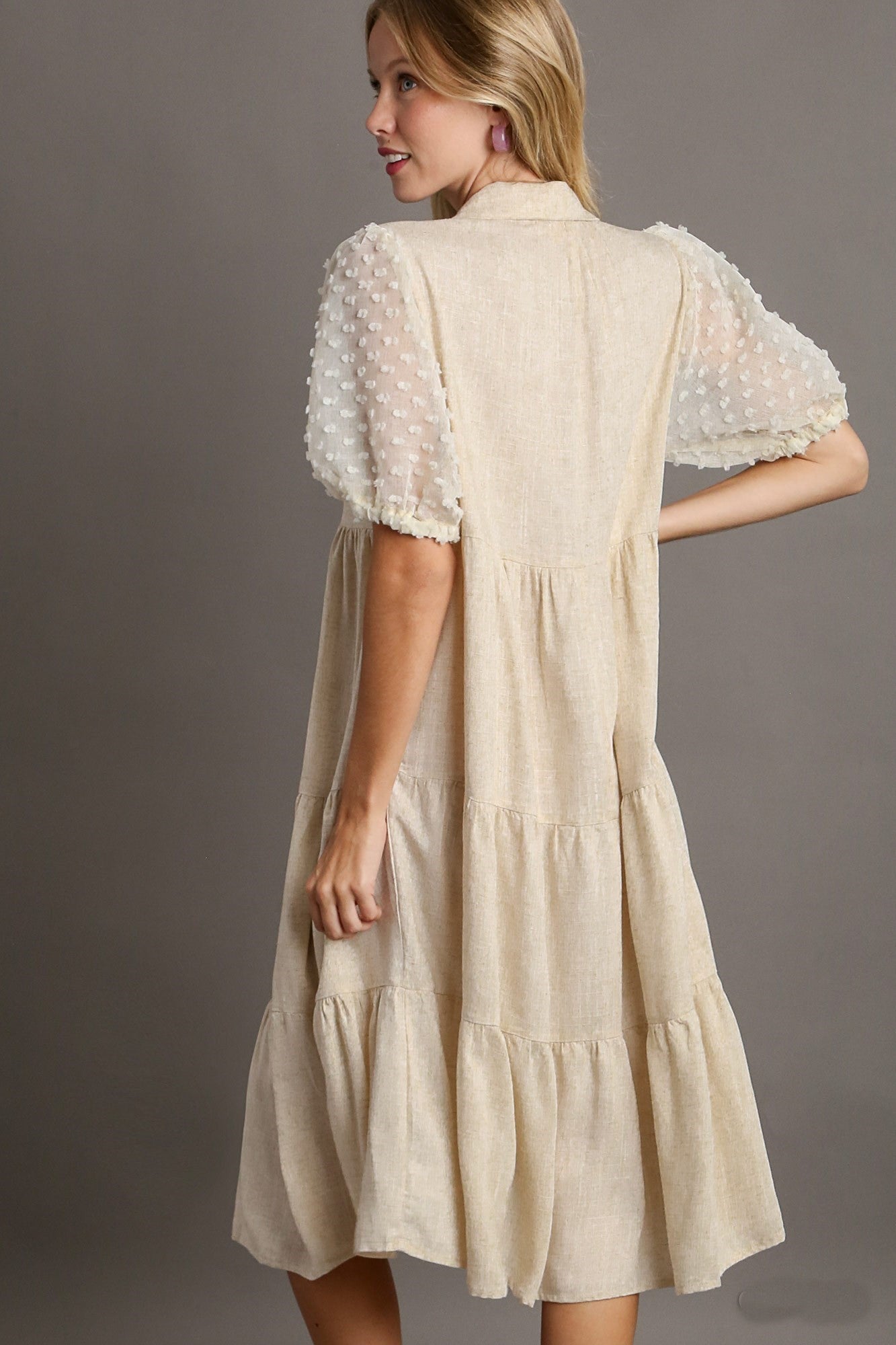 Umgee Solid Color Linen Blend Midi Dress with Floral Applique Details in Oatmeal