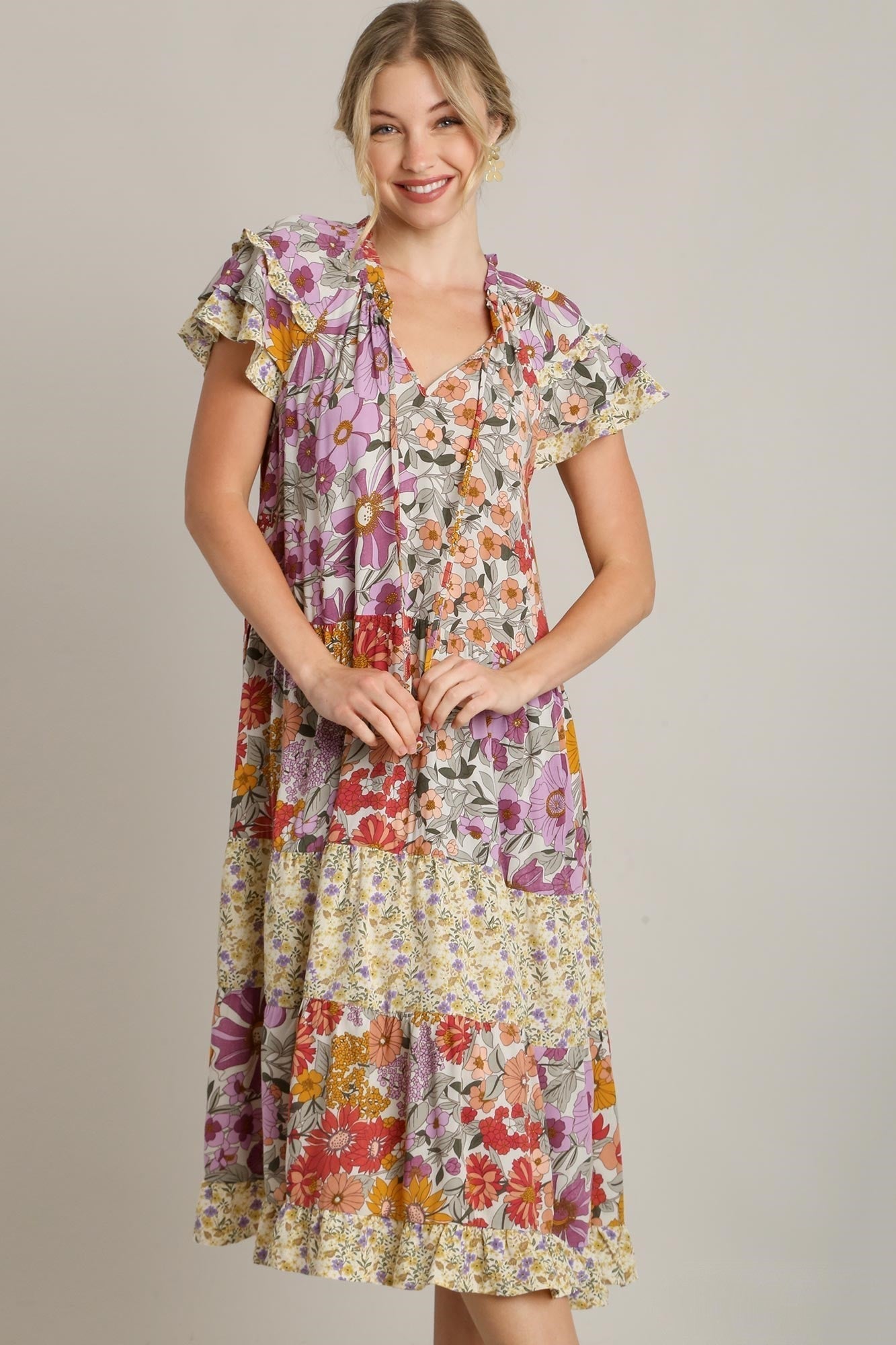 Umgee Mixed Floral Print A-Line Dress in Lavender Mix ON ORDER