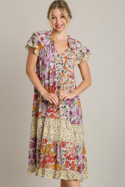 Umgee Mixed Floral Print A-Line Dress in Lavender Mix ON ORDER