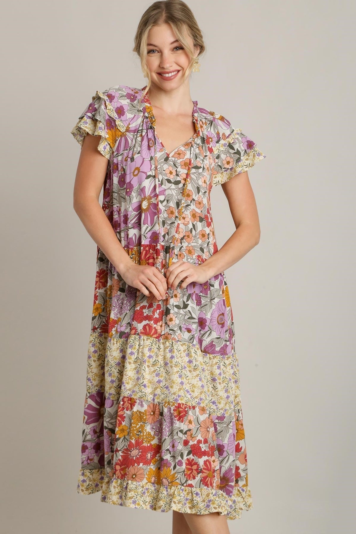 Umgee Mixed Floral Print A-Line Dress in Lavender Mix ON ORDER