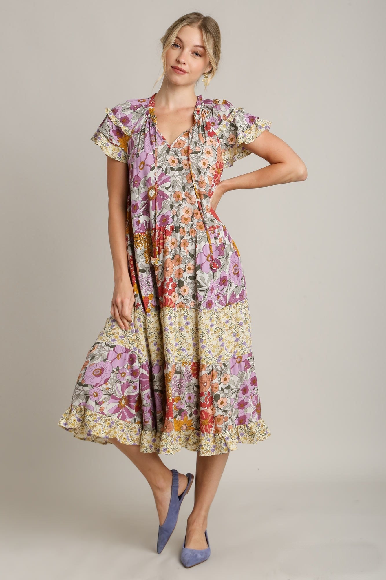 Umgee Mixed Floral Print A-Line Dress in Lavender Mix ON ORDER