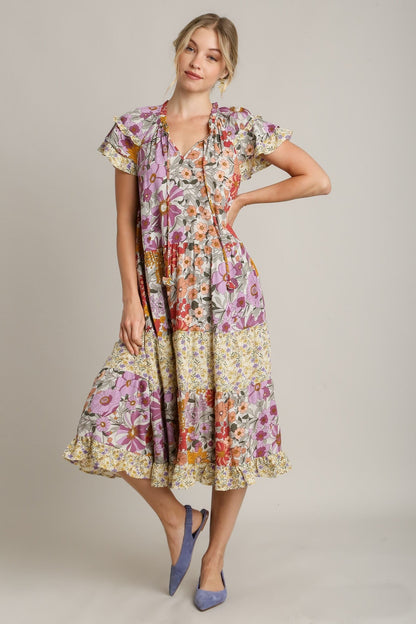 Umgee Mixed Floral Print A-Line Dress in Lavender Mix ON ORDER