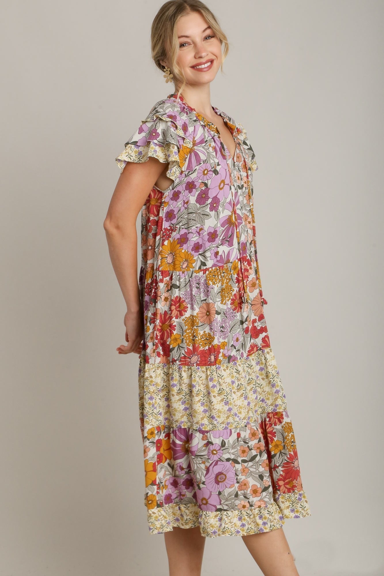 Umgee Mixed Floral Print A-Line Dress in Lavender Mix ON ORDER