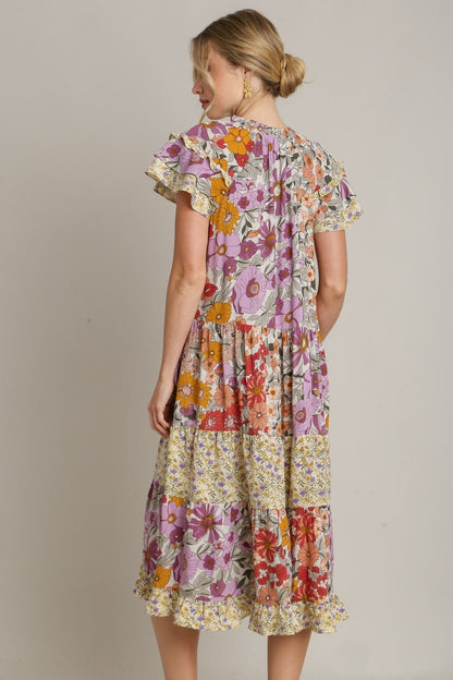 Umgee Mixed Floral Print A-Line Dress in Lavender Mix ON ORDER