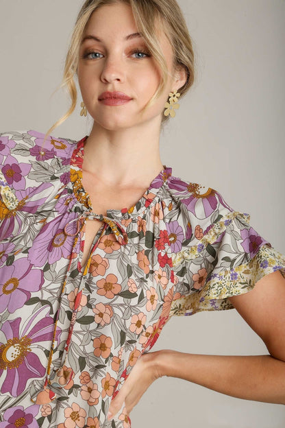 Umgee Mixed Floral Print A-Line Dress in Lavender Mix ON ORDER