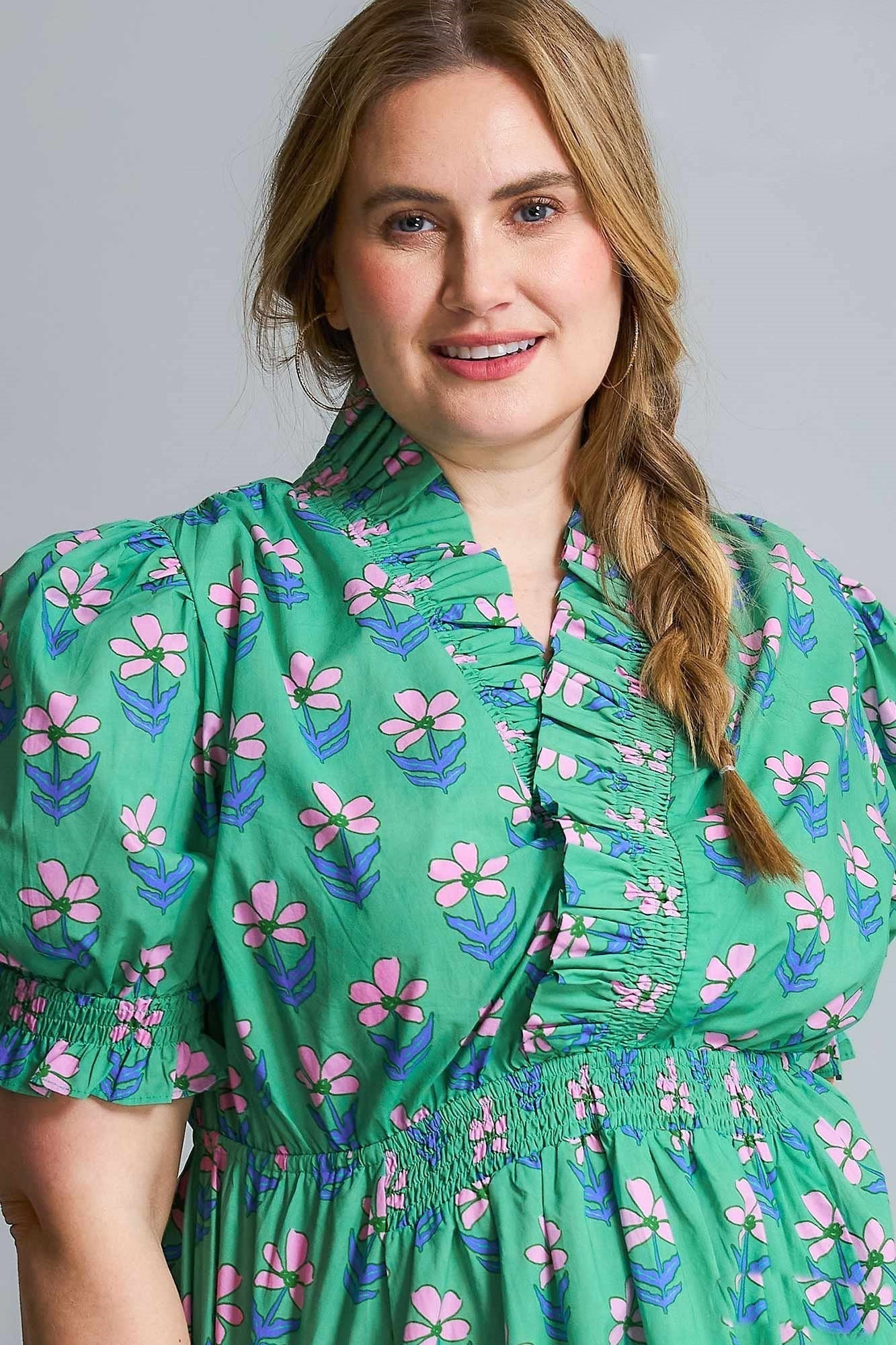 Umgee Floral Print Ruffle Detailed Mini Dress in Green Mix