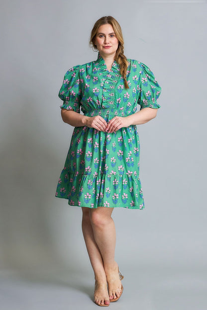 Umgee Floral Print Ruffle Detailed Mini Dress in Green Mix