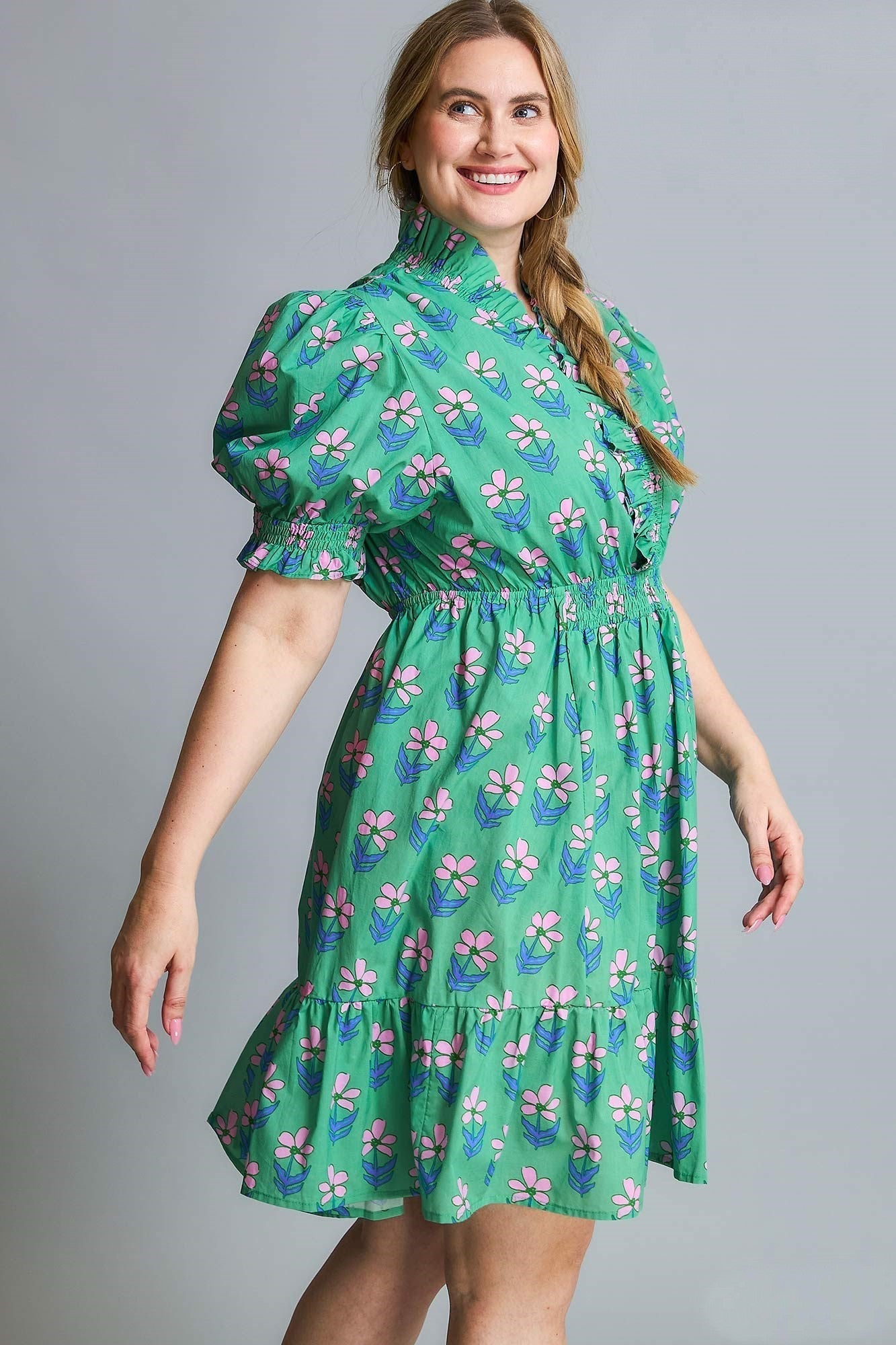 Umgee Floral Print Ruffle Detailed Mini Dress in Green Mix