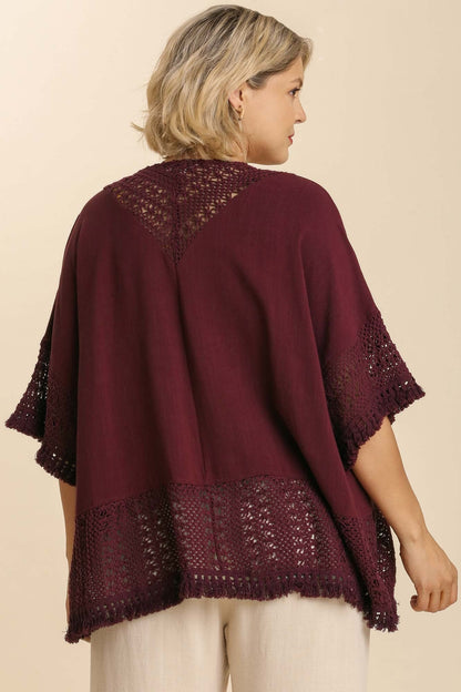 Umgee Open Front Linen Blend Cardigan with Crochet Details in Maroon