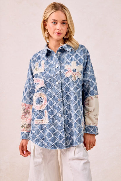BiBi Distressed Diamon Pattern Shacket with Twill Floral Patches in Denim/Cream Multi