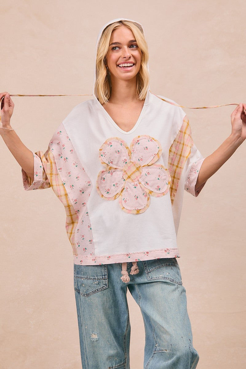 BiBi Mix n Match Hooded Top with Large Flower Patch Front in Ivory