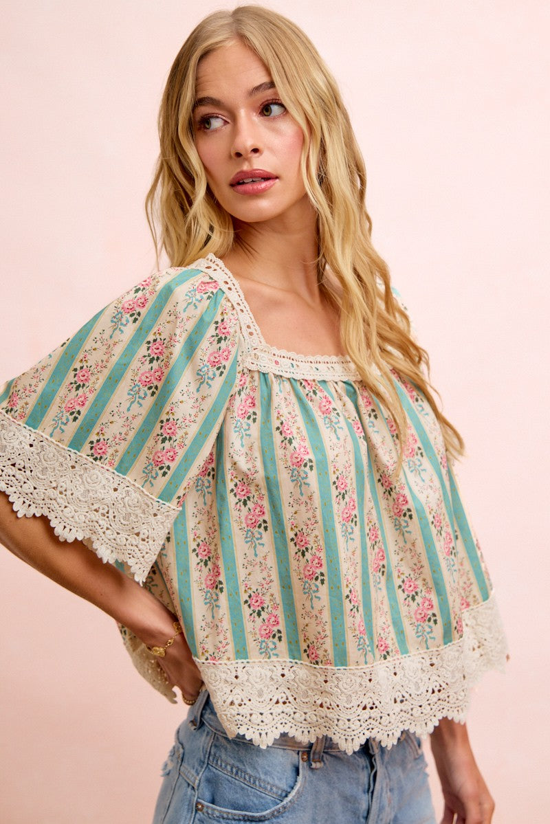 BiBi Mix n Match Floral and Lace Detailed Top in Teal ON ORDER