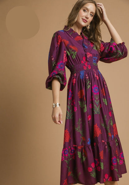 Umgee Mixed Floral Print Midi Dress in Burgundy Mix