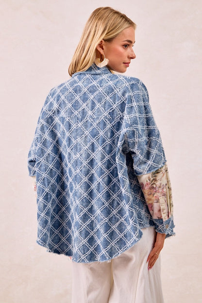 BiBi Distressed Diamon Pattern Shacket with Twill Floral Patches in Denim/Cream Multi