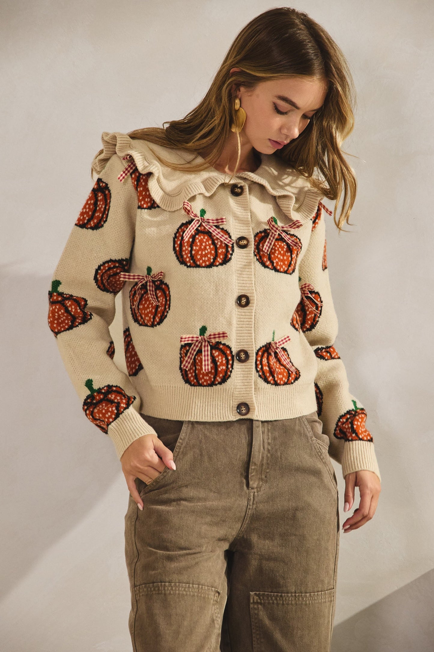 LovLov Sailor Collar Pumpkin with Ribbon Cardigan in Oatmeal ON ORDER