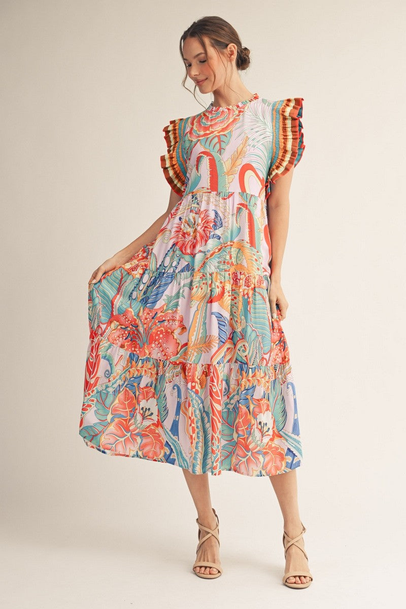 Jodifl Boho Tropical Print Midi Dress in Turquoise Mix