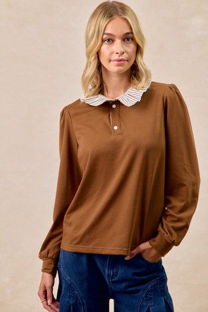 BiBi French Terry Top with Contrasting Striped Ruffle Collar in Dark Mocha