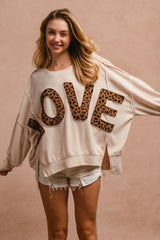 BiBi OVERSIZED Solid Color Top with Leopard "LOVE" Letter Patches in Oatmeal ON ORDER