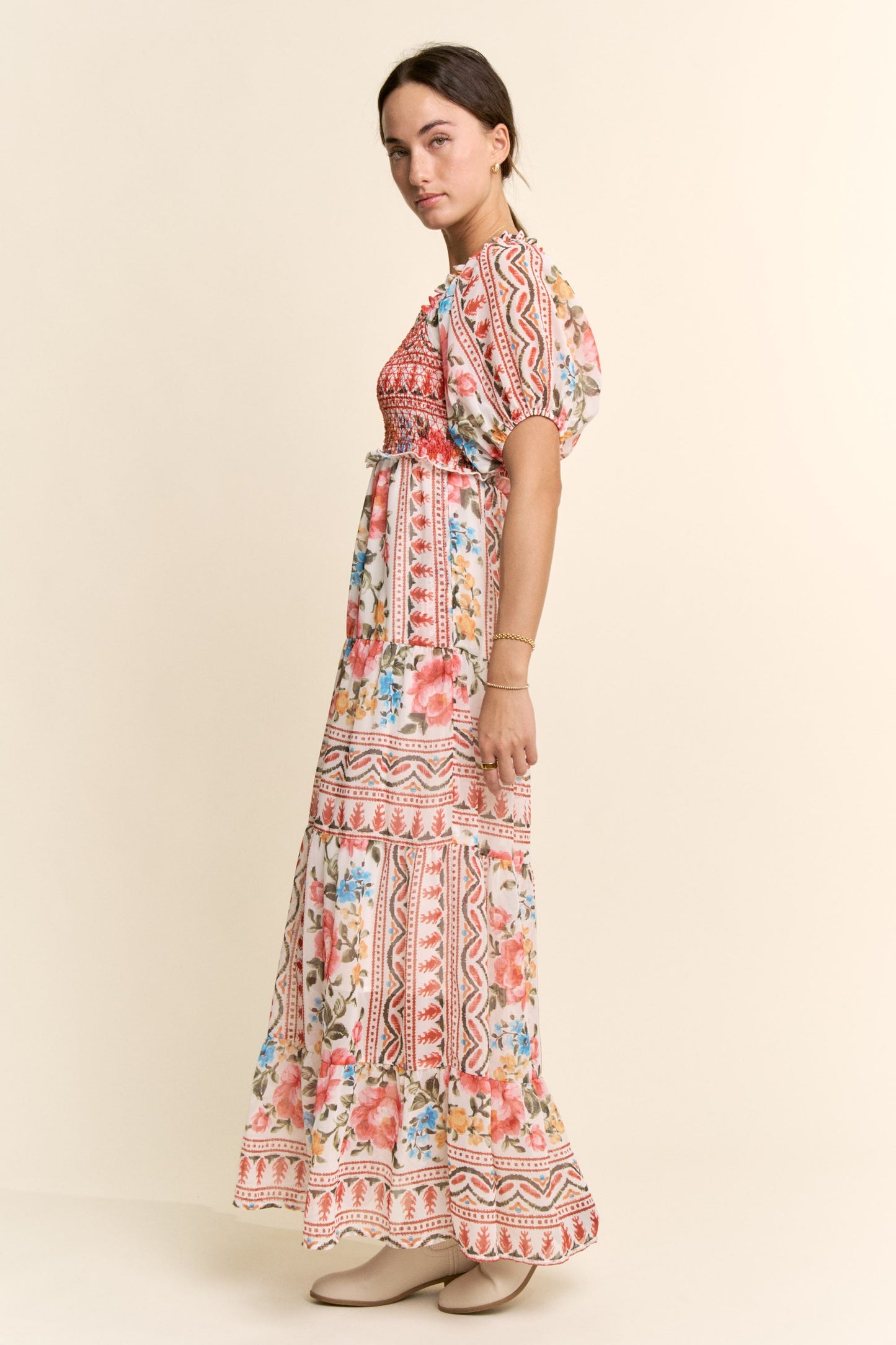 Davi & Dani Boho Floral Print Chiffon Maxi Dress in White Red