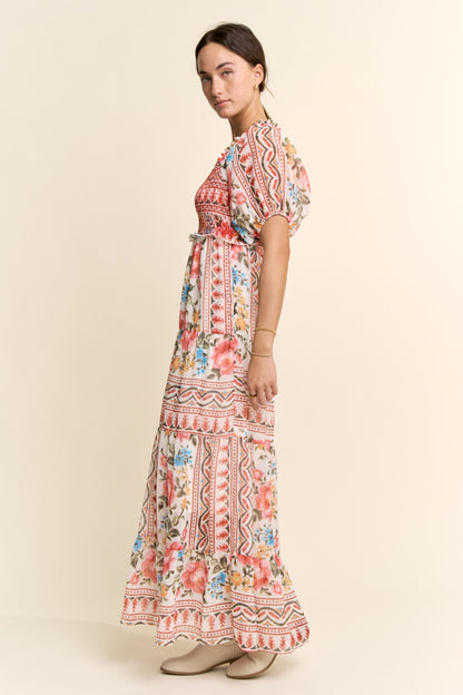 Davi & Dani Boho Floral Print Chiffon Maxi Dress in White Red