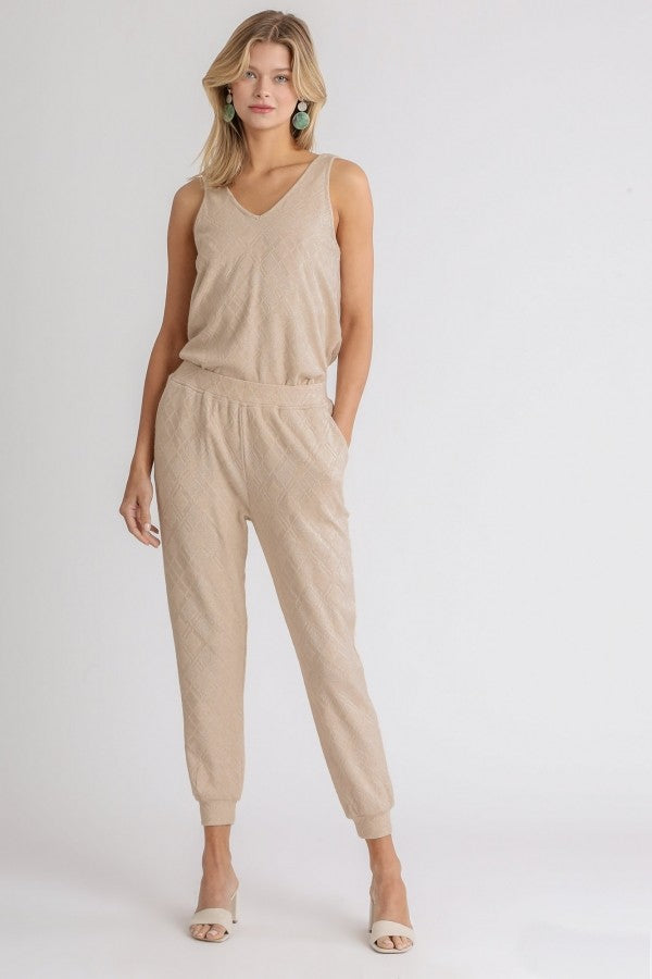 Umgee Diamond Knit Jogger Pants in Oatmeal