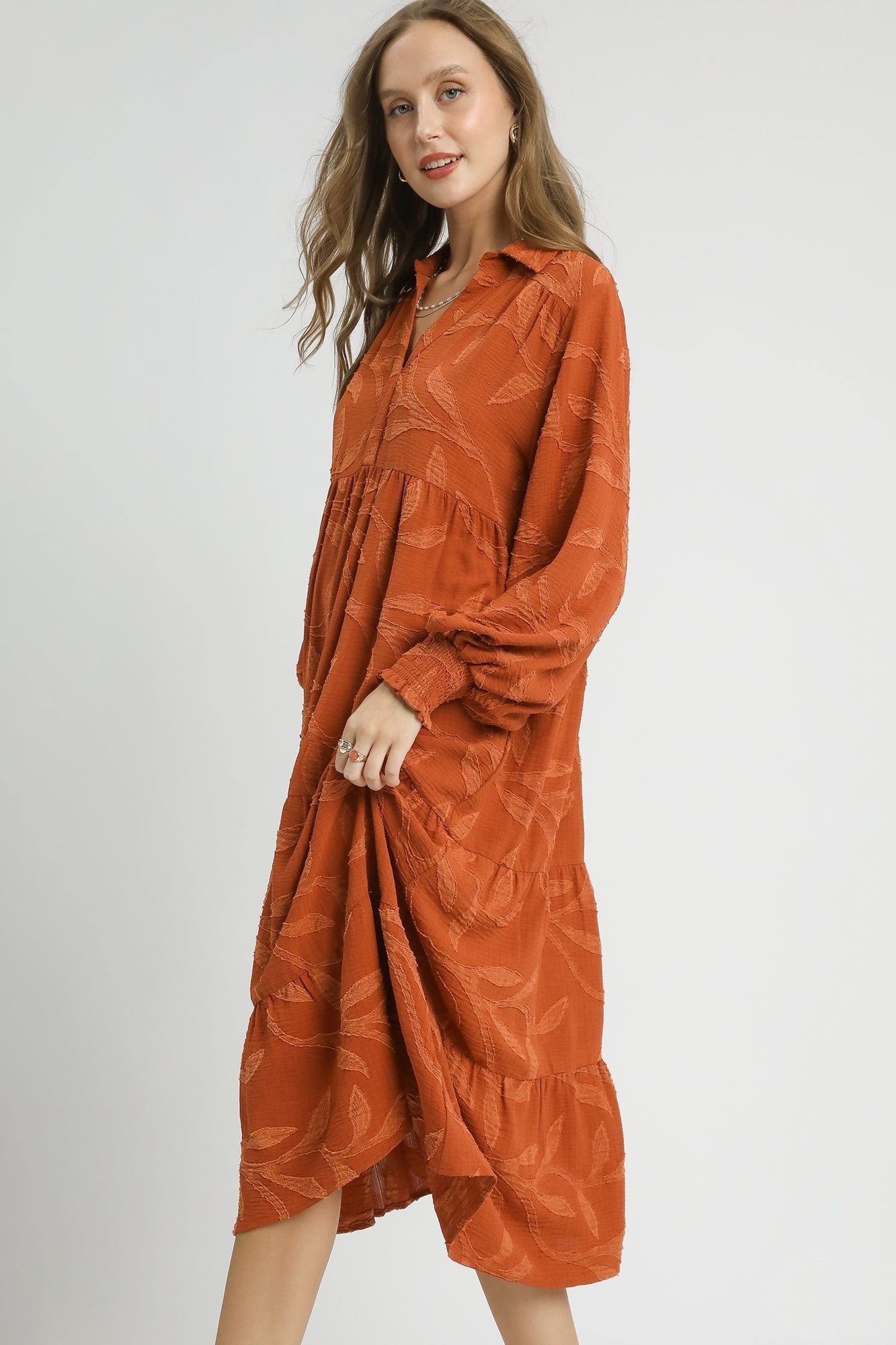 Umgee Solid Color Textured Leaf Pattern Midi Dress in Rust
