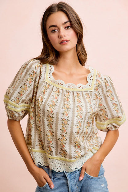 BiBi Floral Stripe Printed Lace Trim Detail Top in Cream