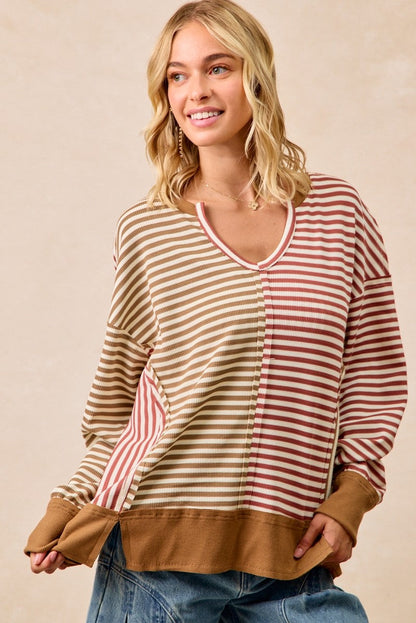 BiBi Thermal Knit Color Block Striped Top in Mocha/Marsala
