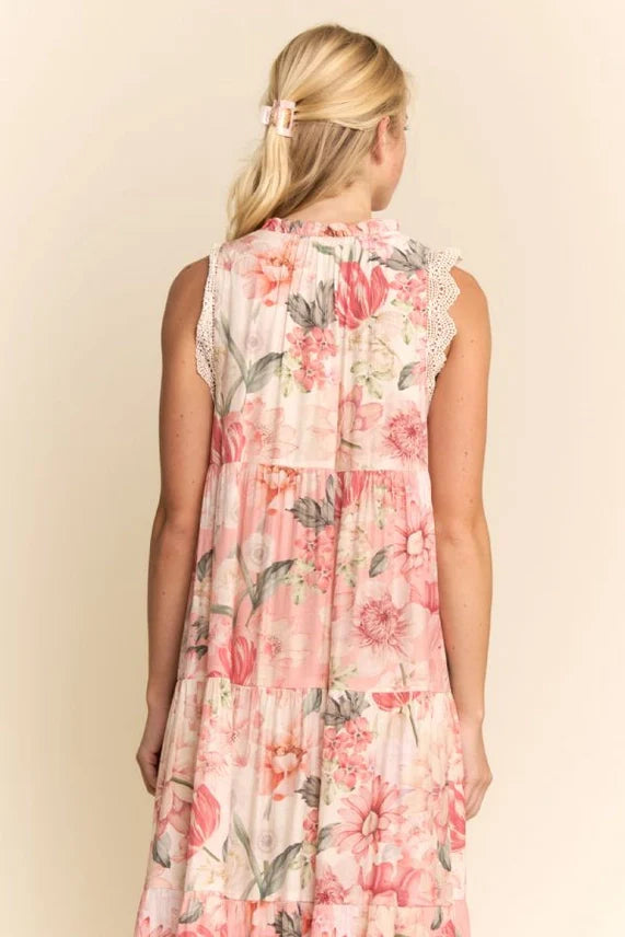 Davi & Dani Floral Maxi Dress with Lace Trim in Floral Multi