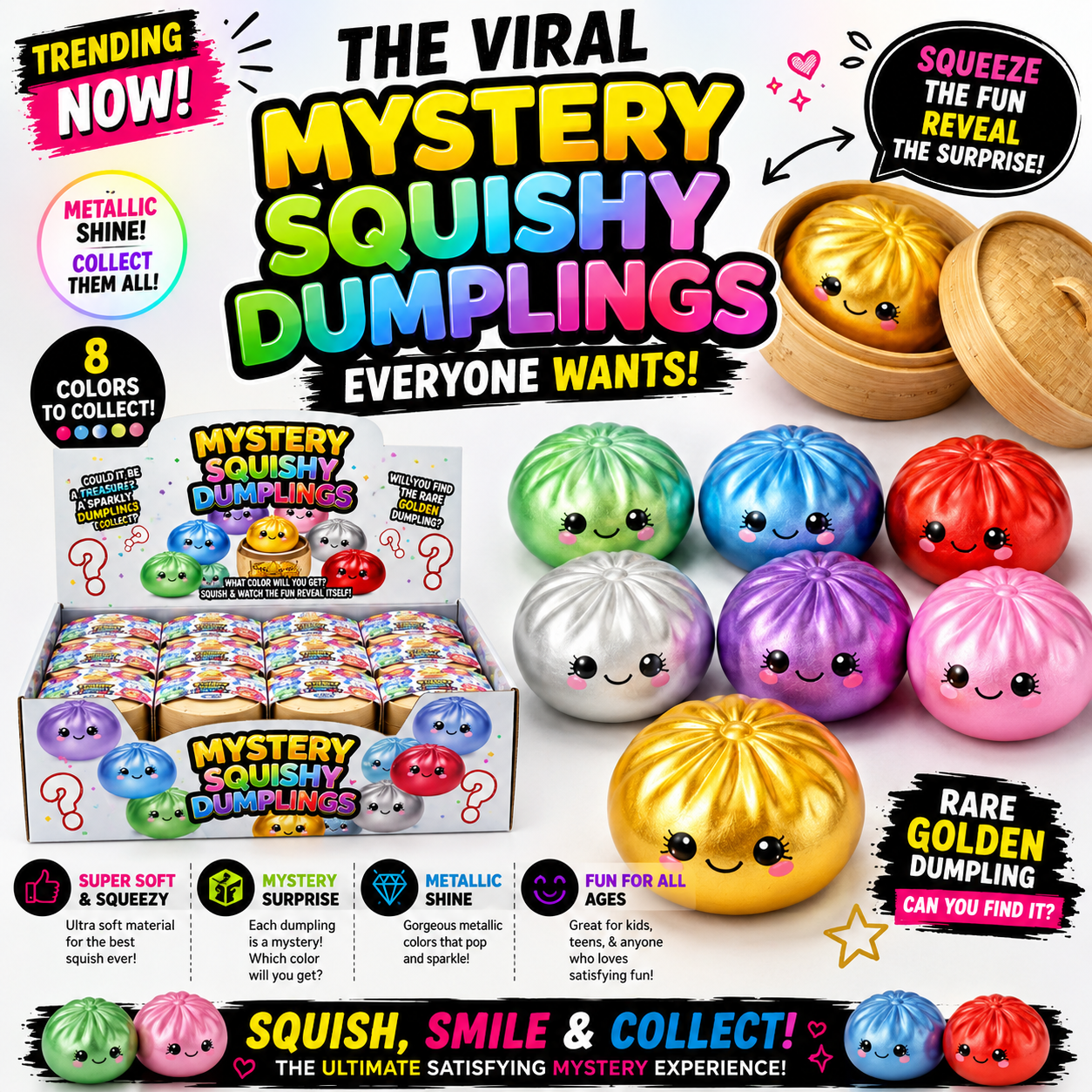 Metallic Squishy Dumplings Toy – 4" Mystery Collectible Squeeze Toy