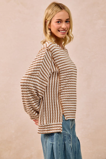 BiBi OVERSIZED Contrasting Color Textured Knit Stripe Top in Camel