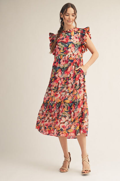 Jodifl Mixed Print Chiffon Midi Dress in Multi Mix