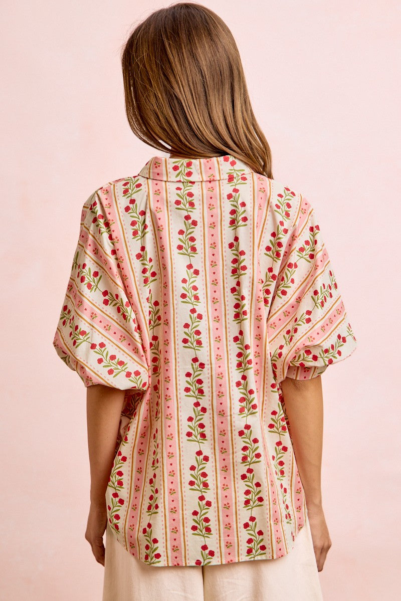 BiBi Bold Woven Striped Floral Print Button Down Top in Red