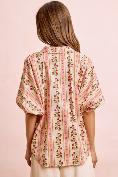 BiBi Bold Woven Striped Floral Print Button Down Top in Red
