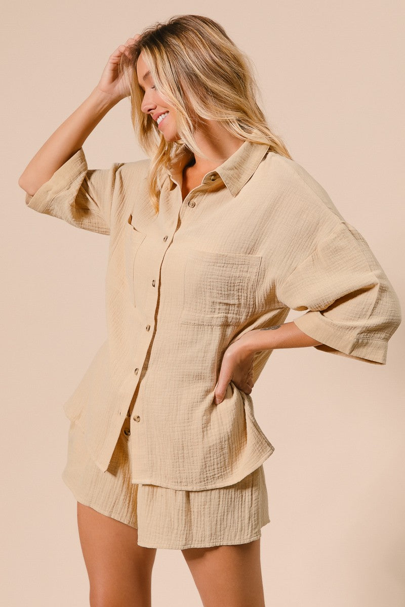 BiBi Crinkle Gauze Shirt And Short Set in Oatmeal
