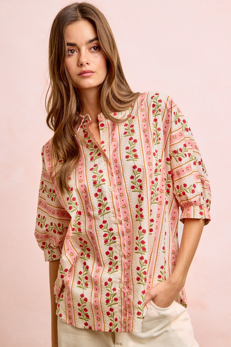 BiBi Bold Woven Striped Floral Print Button Down Top in Red