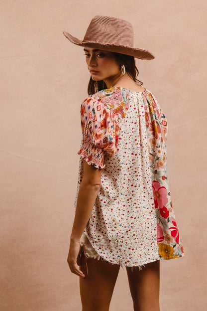 BiBi Mix N Match Woven Peasant Top in Rose Mix