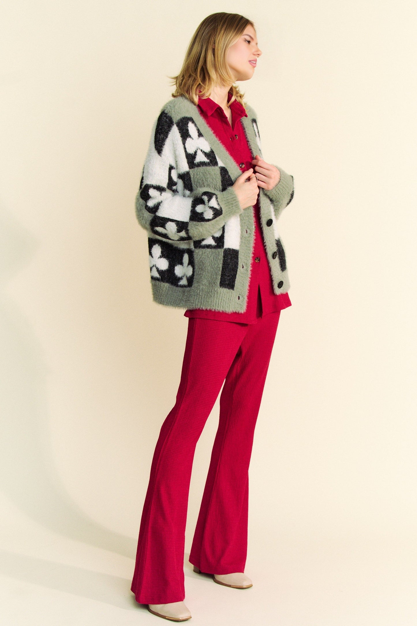 Davi & Dani Front Button Down Cardigan with Checkered & Clover Print in Black Beige FINAL SALE