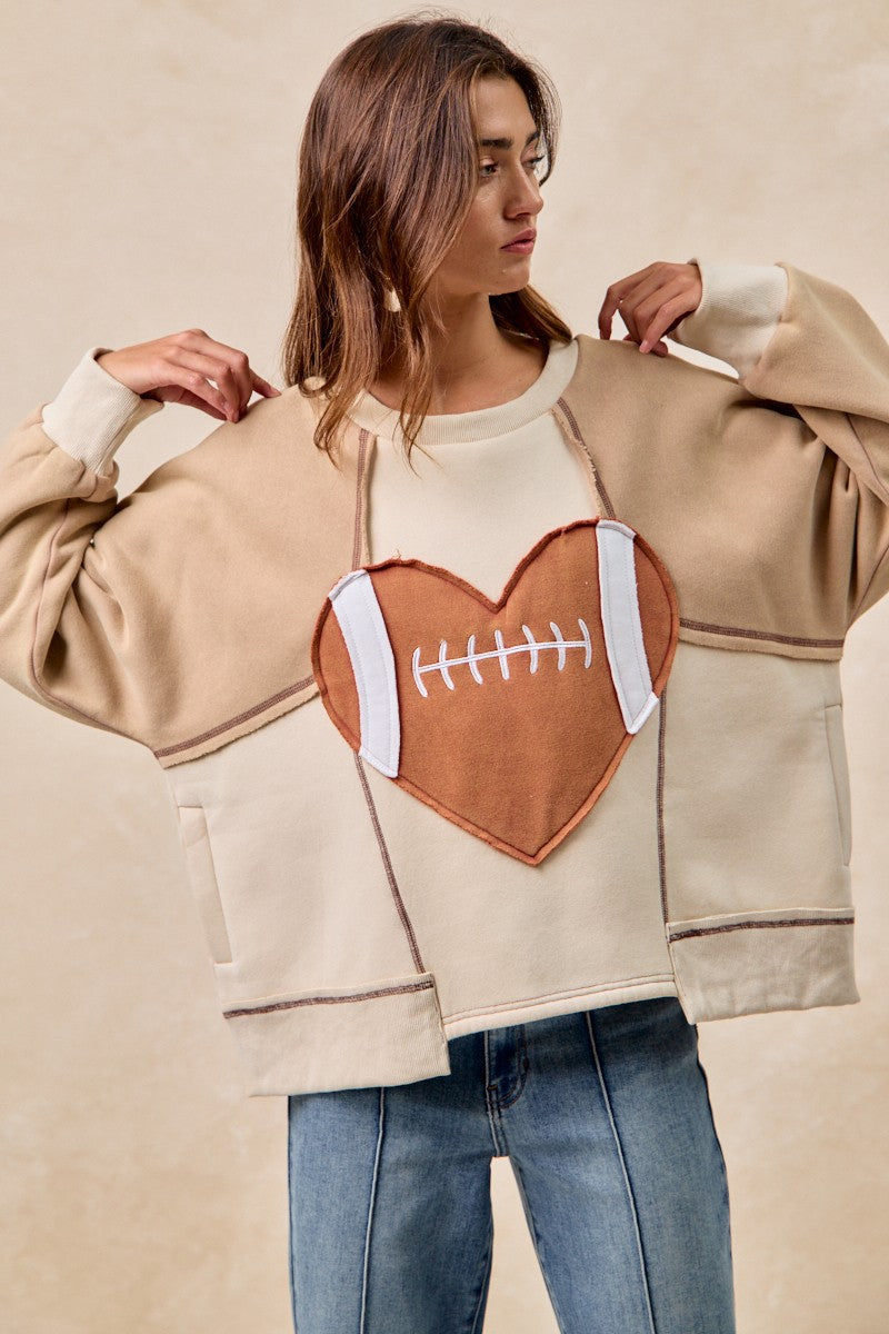 BiBi Color Block Fleece Top with Heart Football Patched Front in Oatmeal/Latte