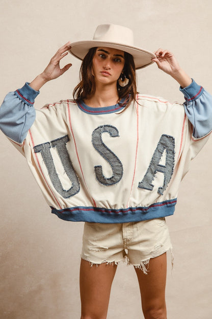 BiBi OVERSIZED Color Block Top with USA Denim Patches in Oatmeal/Denim