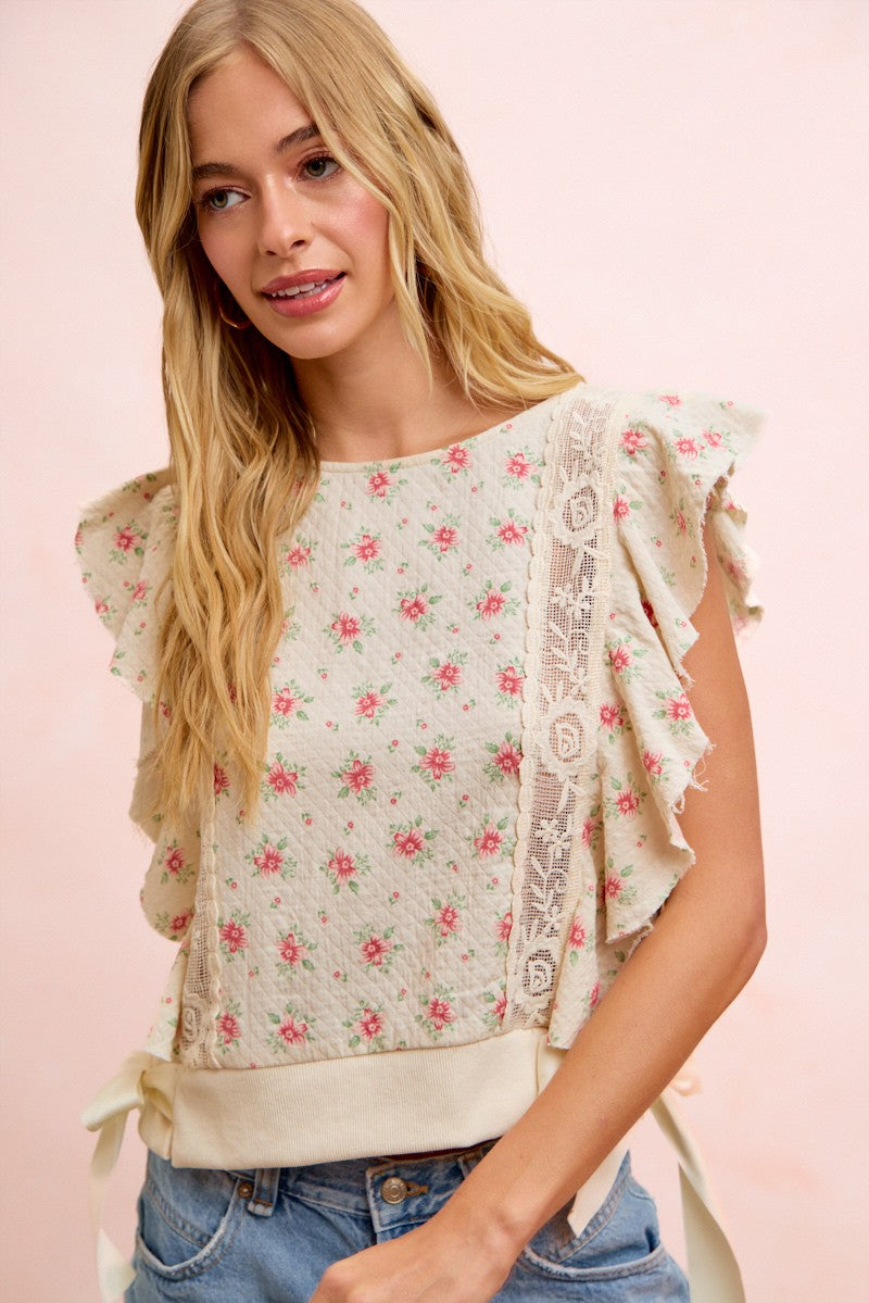 BiBi Flower Printed Ruffle Sleeve Trim Detail Top in Red Flower