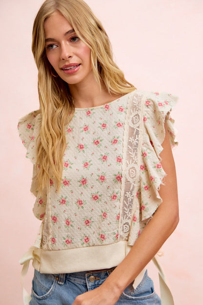 BiBi Flower Printed Ruffle Sleeve Trim Detail Top in Red Flower