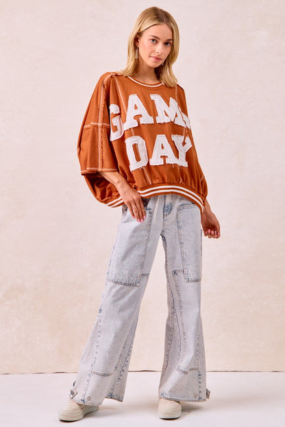 BiBi OVERSIZED French Terry Top with GAME DAY Letter Patchwork Front in Burnt Orange/White