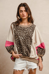 BiBi Oversized Leopard and Mixed Knit Top in Pink/Leopard