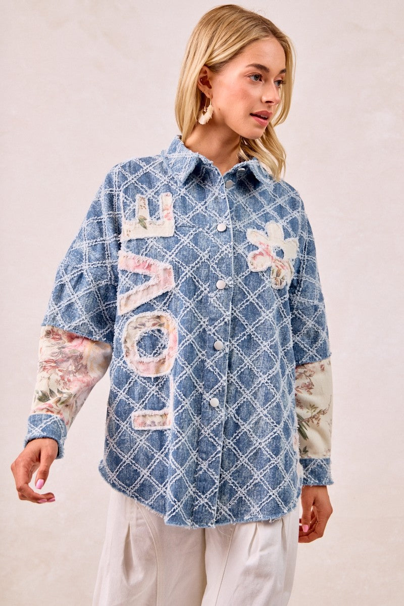 BiBi Distressed Diamon Pattern Shacket with Twill Floral Patches in Denim/Cream Multi