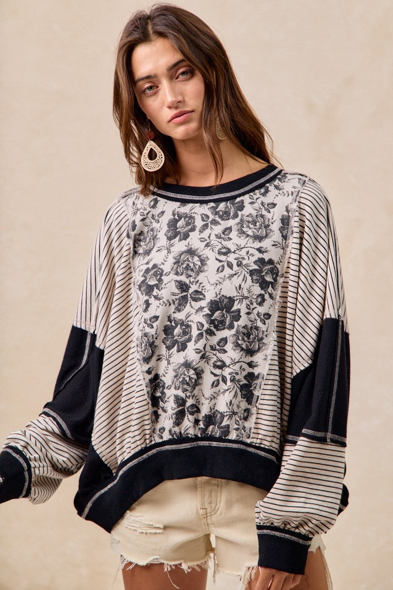 BiBi OVERSIZED Rose Twill and Stripe Mix n Match Top in Grey/Black ON ORDER