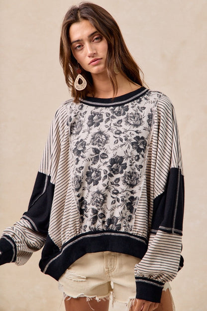 BiBi OVERSIZED Rose Twill and Stripe Mix n Match Top in Grey/Black ON ORDER