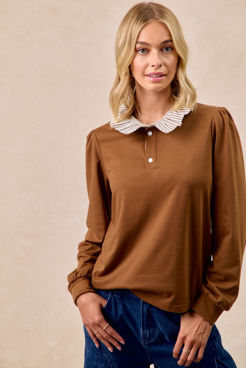 BiBi French Terry Top with Contrasting Striped Ruffle Collar in Dark Mocha