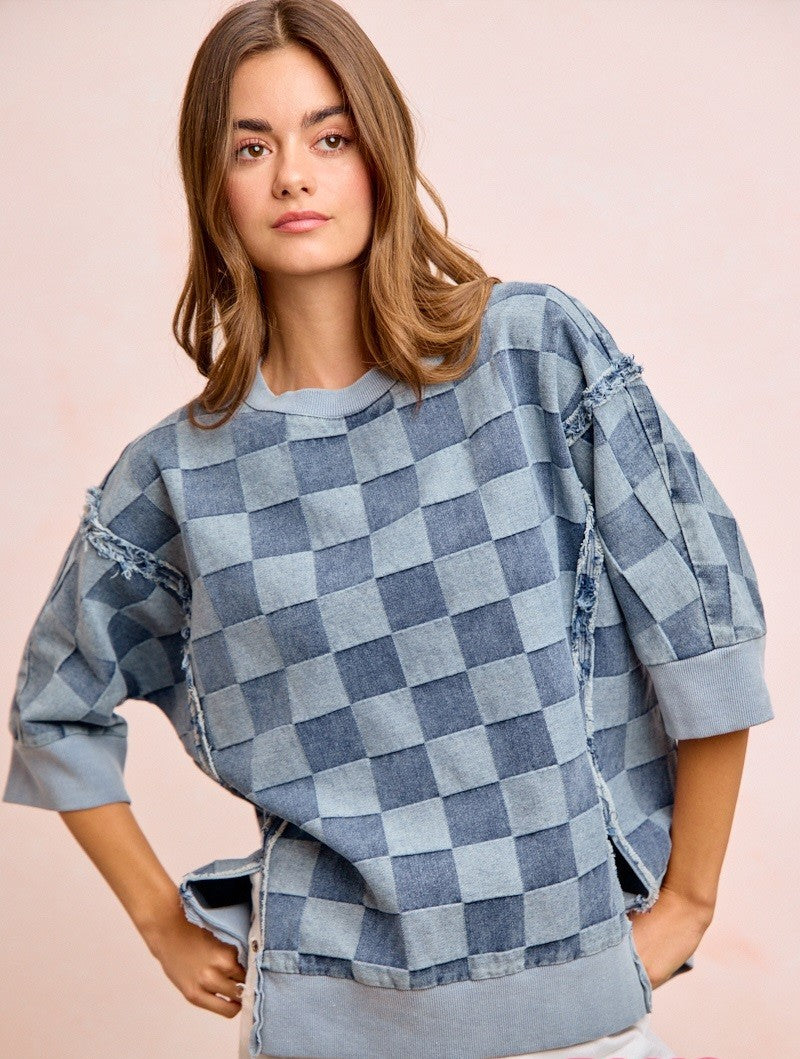 BiBi OVERSIZED Denim Checkered Top in Denim ON ORDER